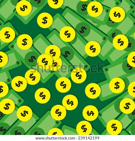 Seamless pattern with money - banknotes and coins. Vector illustration.