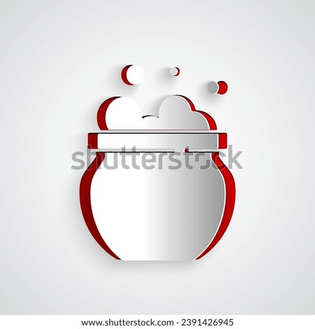 Paper cut Witch cauldron icon isolated on grey background. Happy Halloween party. Paper art style. Vector
