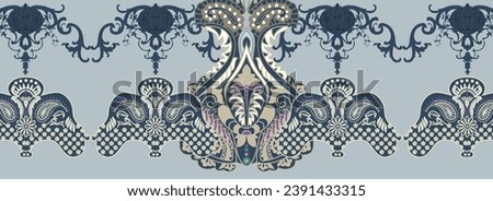 Seamless baroque motif border on light blue background
Seamless decorative paisley border pattern
Ethnic ornamental border 