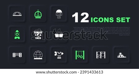 Set Playground climbing equipment, Slide playground, Attraction carousel, Gymnastic rings, Rocket ship toy,  and Swing plane icon. Vector