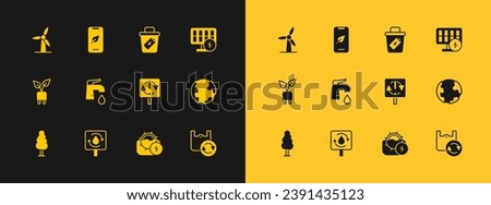 Set Solar energy panel, Recycle clean aqua, symbol, Water mill, tap, Trash can, Wind turbine and Mobile phone with leaf icon. Vector