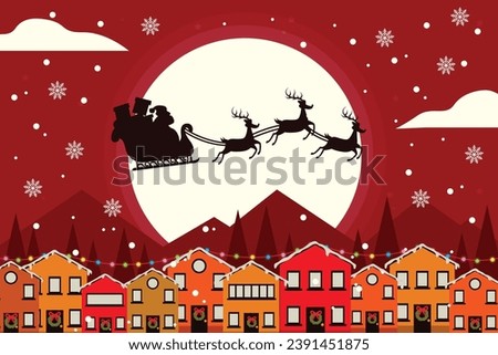 Merry Christmas greeting card with Santa's sleigh, reindeer and christmas houses on the background of the night sky with snowflakes and clouds