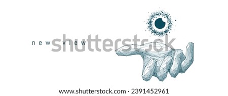 Technology digital polygonal hand holding abstract eye icon. Vision concept. Tech eyeball on palm isolated on white background. Vision business metaphor. Low poly particles style vector illustration.