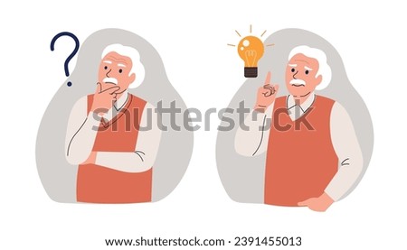 Elderly man surrounded by a question mark and finding new idea. Shiny light bulb. Flat style cartoon vector illustration. 