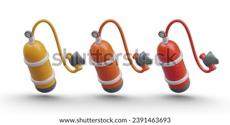 Yellow, orange, red balloon for scuba diving. Compressed oxygen in metal container. Icons for sports equipment store. Illustrations for tourism business