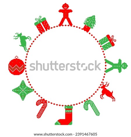 Christmas frame with decorative pixel art elements. Vector illustration