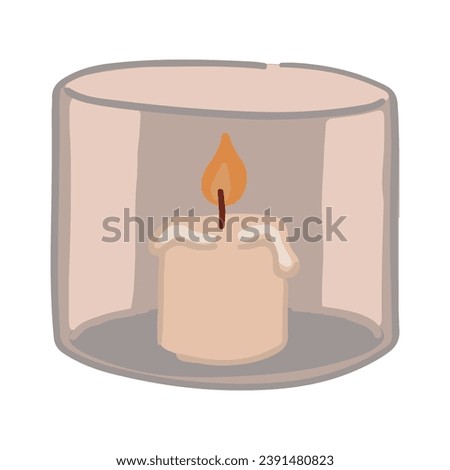 Candle in glass jar with burning flame light. Doodle of cozy winter time aesthetic. Cartoon vector illustration. Clip art isolated on white.