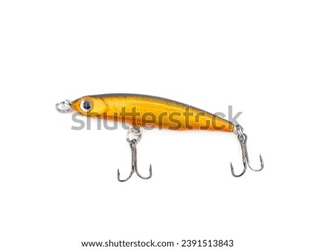 Picture of colorful fish shaped plug baits with 3 way hooks. Fishing equipment isolated on white background.