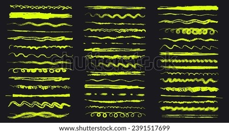 Big collection of various hand drawn sketchy neon highlighters, underlines, scribbles, dividers, waves, squiggles, etc. Vector freehand yellow brush strokes, artistic design elements