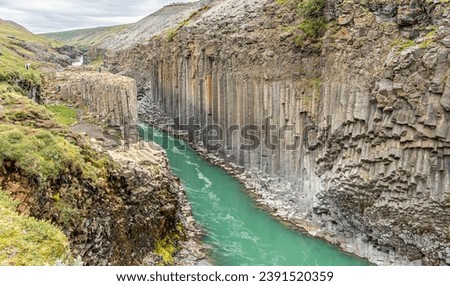 Jokla River cuts through the Studlagil canyon and passes by the hexagonal basalt columns caused by lava flows in Northeast Iceland, Jokuldalur Valley, Europe Royalty-Free Stock Photo #2391520359
