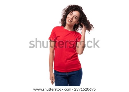 young promoter woman dressed in a red basic t-shirt with printable mockup isolated on white background with copy space