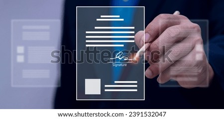 Stored electronic signature concept, electronic signature, businessman signing electronic document in digital document on virtual laptop screen