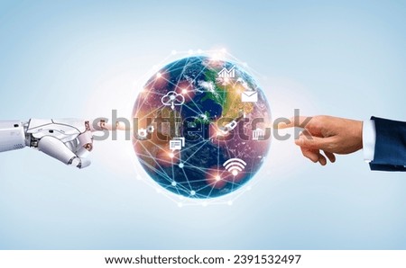 white robot hand hold globe