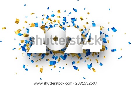New Year 2024 paper numbers for calendar header on colorful background made of blue and golden confetti. Vector illustration.