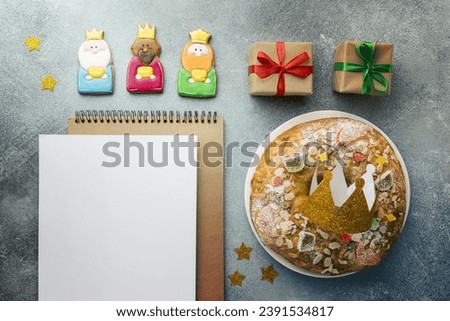 top view three kings with crowns epiphany day dessert Royalty-Free Stock Photo #2391534817