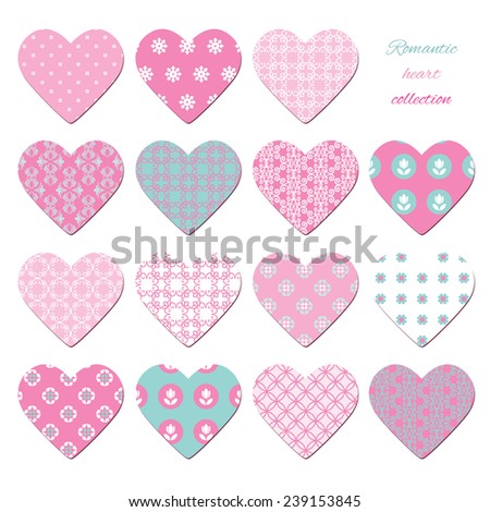 Cute textile hearts set isolated on white. Different patterns included under clipping mask.