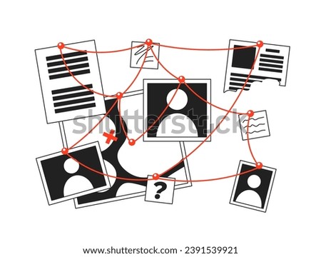 Clues investigation wall with red threads black and white 2D cartoon object. Killer murder scheme isolated vector outline item. Detective suspect. Red strings monochromatic flat spot illustration Royalty-Free Stock Photo #2391539921