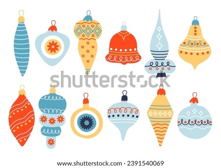 Collection of hand drawn vintage baubles for christmas tree. Set of colored christmas toys with ornaments. Flat vector illustration. Royalty-Free Stock Photo #2391540069