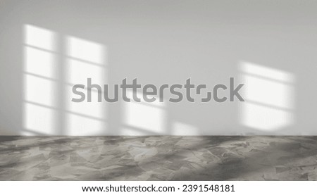 empty room mock up with Cement  floor and empty white wall with sunlight windows shadow over the plaster wall