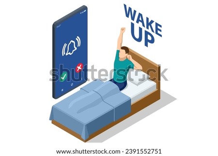 Isometric wake up of a happy man lying on the bed. Sleeping and waking up. People healthy lifestyle concept. Royalty-Free Stock Photo #2391552751