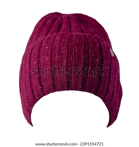 women's knitted burgundy hat isolated on white background. warm winter accessory Royalty-Free Stock Photo #2391554721