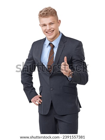 Thumbs up, portrait and business man in studio for success, winning deal and voting yes on white background. Happy corporate salesman, emoji sign and thank you for feedback, achievement or excellence