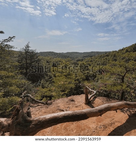 Tree Trunk Knocked Over at the end of an Orange Hiking Path with an Overlook View of the Rolling Green Hills and Trees in the Midwest Royalty-Free Stock Photo #2391563959