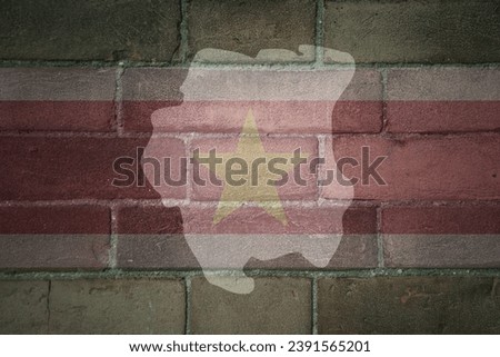 painted map and flag of suriname on a old brick wall