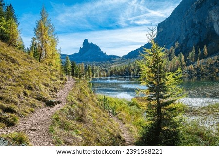 Hiking path along the beautiful lake 'Lago Federa' in the Italian Dolomites on a sunny day in October Royalty-Free Stock Photo #2391568221