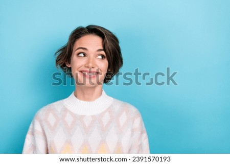Photo of wearing jumper winter style charming cute lady bob brown hair looking empty space santa claus isolated on blue color background