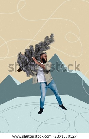 Creative magazine collage image of charming funky guy delivering x-mas tree isolated painting background