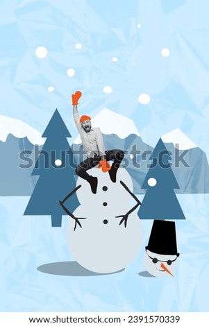 Banner postcard collage of cheerful funky carefree guy making sculpturing snowman rejoicing winter time isolated on painted background