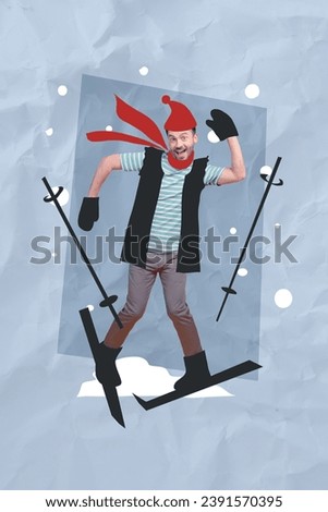 Image postcard collage of cheerful happy guy having fun dancing skiing professional equipment isolated on painted background