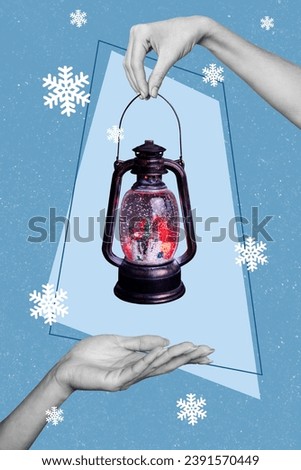 Vertical picture collage of two female or male hands hold decorative lantern new year preparation miracle magic time