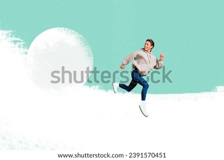 Placard poster 3d photo collage of cheerful positive girl running away huge rolling snowball isolated on painted background