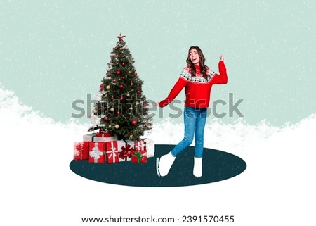 Image collage poster of positive jolly girl skating ice decorating green christmas tree isolated on drawing background