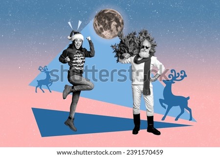 Picture greeting card collage of two cheerful people preparing new year celebration magic night isolated on painted background