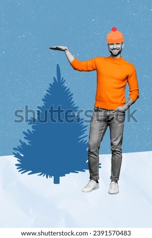 Postcard picture collage of cheerful man hand showing green christmas tree isolated on painted background