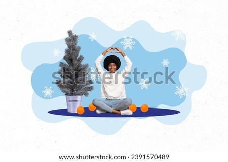 Banner collage image of cheerful jolly cute girlfriend sitting green tree showing heart shape isolated on drawing background