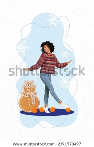 Greeting card picture collage of cheerful lovely girl dancing celebrating new year night isolated on drawing background