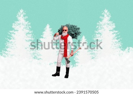 Banner postcard collage of elderly handsome grandfather carrying fir green tree isolated on painted background
