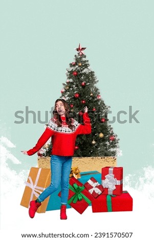 Picture image collage of positive jolly funky girl celebrating new year dancing near big evergreen tree isolated on drawing background