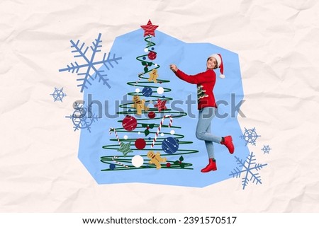 Invitation brochure collage of cheerful happy cute girl decorate christams tree isolated on drawing background