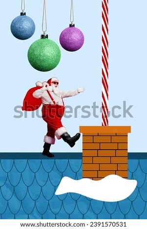 Poster picture collage of santa claus going roof chimney carrying gifts for children isolated on drawing background