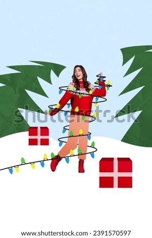 Artwork greeting card collage of cute cheerful girl hold bright colorful garlands holidays preparation disco in snowy forest