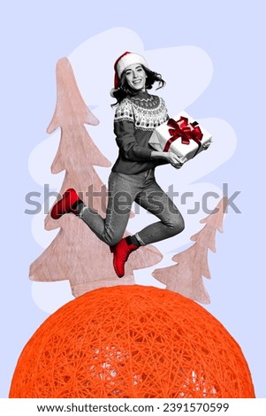 Postcard sketch collage of jolly cheerful girl carrying gift theme new year party huge handmade ball isolated on drawing background