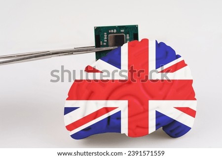 On a white background, a model of the brain with a picture of a flag - Great Britain, a microcircuit, a processor, is implanted into it. Close-up