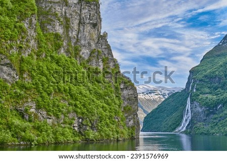 Norway, the splendid natural scenery of the  Geireanger fjiord with the Seven Sister waterfall in the background