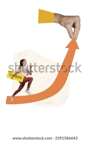 Photo collage vertical of funny employee girl running up to increasing graphic career motivation growth isolated on white background