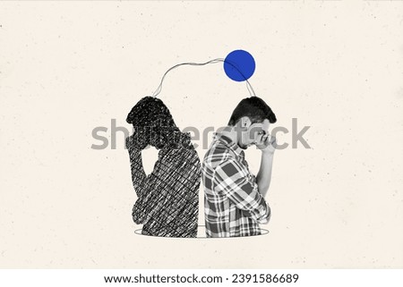 Creative design collage of depressed young man hand touch temples upset bipolar disorder imposter isolated on clear template background Royalty-Free Stock Photo #2391586689